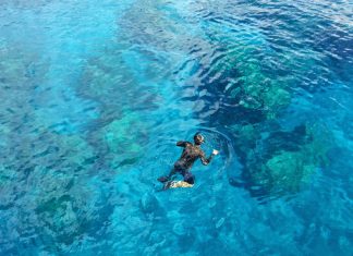 필리핀 첫 스노클링의 추억 – 사방 비치 산호초 군락 포인트 푸른바다에서 스노클링 하는 남자