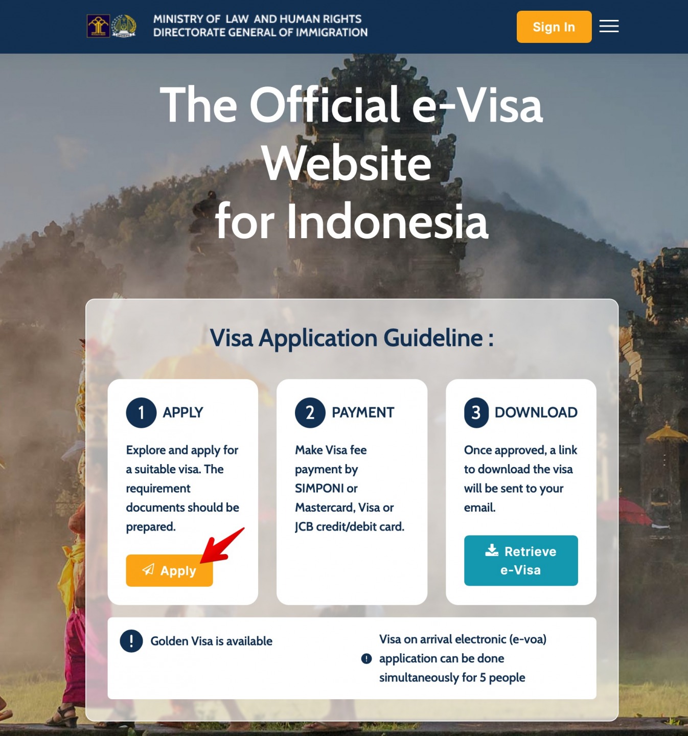 The Official eVisa website for Indonesia